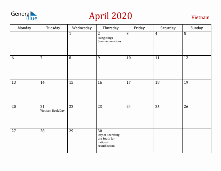 Vietnam April 2020 Calendar - Monday Start