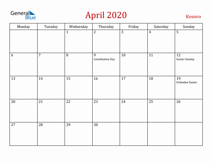 Kosovo April 2020 Calendar - Monday Start
