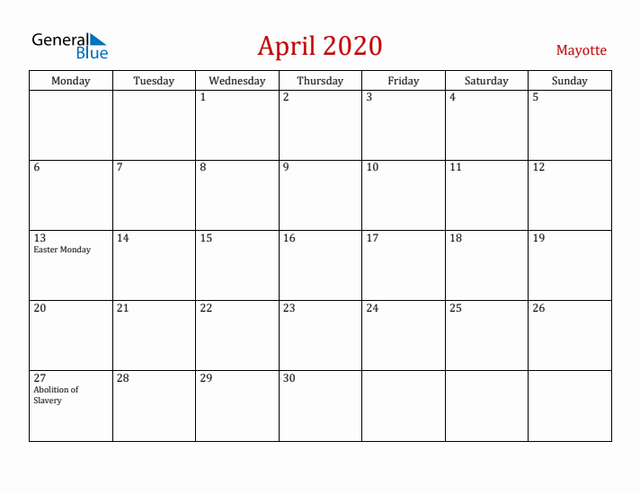 Mayotte April 2020 Calendar - Monday Start