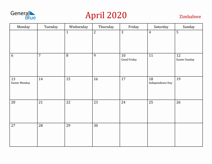 Zimbabwe April 2020 Calendar - Monday Start
