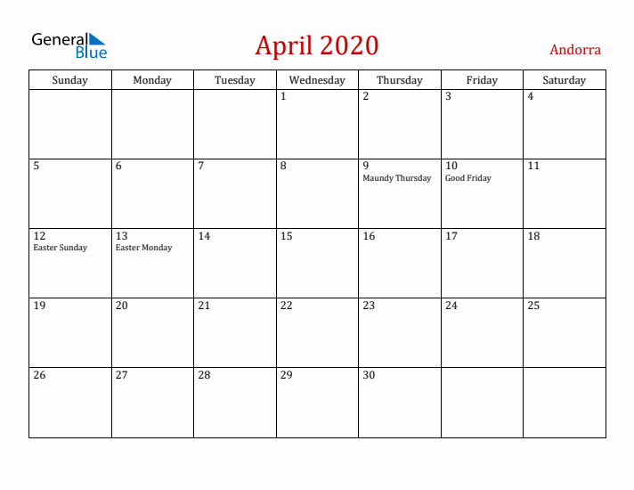 Andorra April 2020 Calendar - Sunday Start
