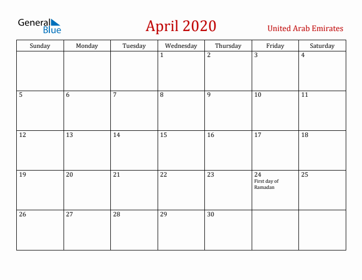 United Arab Emirates April 2020 Calendar - Sunday Start