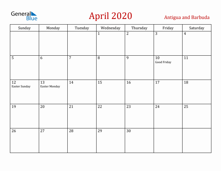 Antigua and Barbuda April 2020 Calendar - Sunday Start