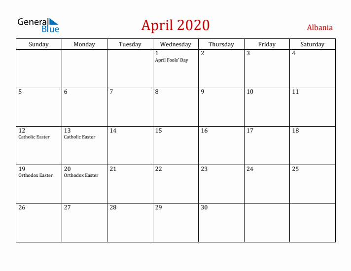 Albania April 2020 Calendar - Sunday Start