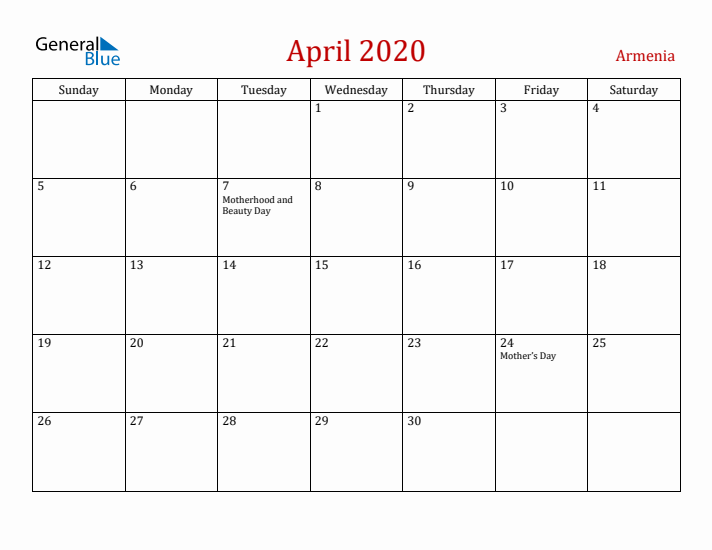Armenia April 2020 Calendar - Sunday Start