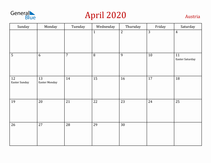 Austria April 2020 Calendar - Sunday Start