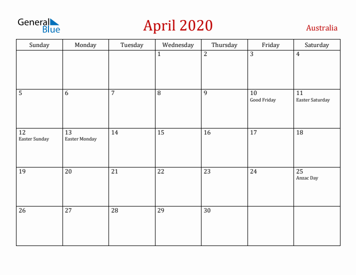 Australia April 2020 Calendar - Sunday Start