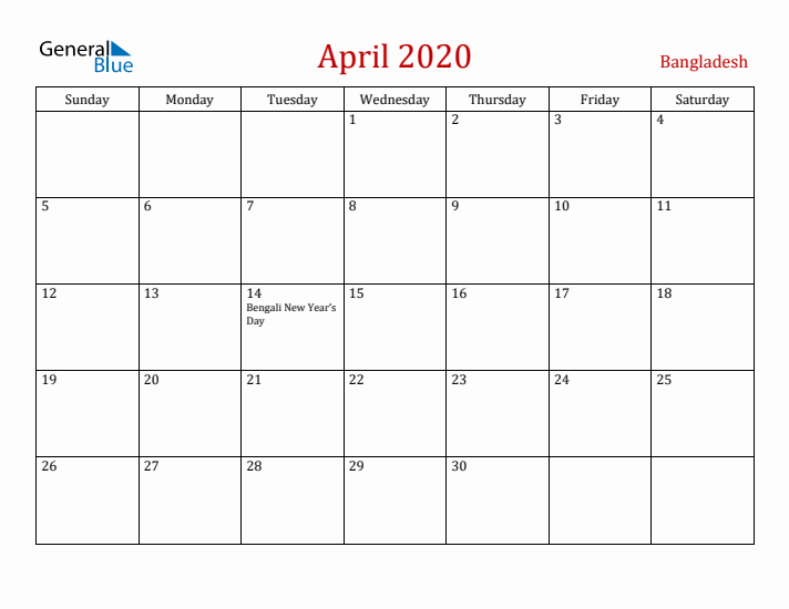 Bangladesh April 2020 Calendar - Sunday Start