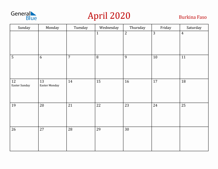 Burkina Faso April 2020 Calendar - Sunday Start