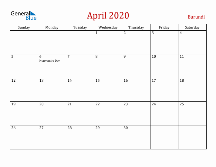 Burundi April 2020 Calendar - Sunday Start