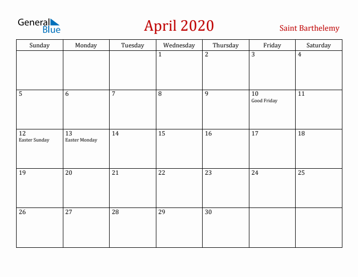 Saint Barthelemy April 2020 Calendar - Sunday Start