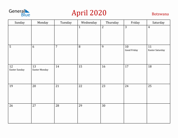 Botswana April 2020 Calendar - Sunday Start