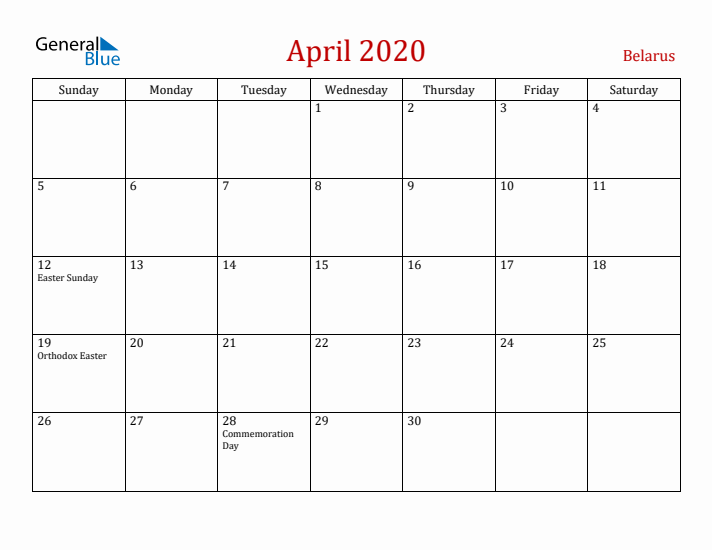 Belarus April 2020 Calendar - Sunday Start