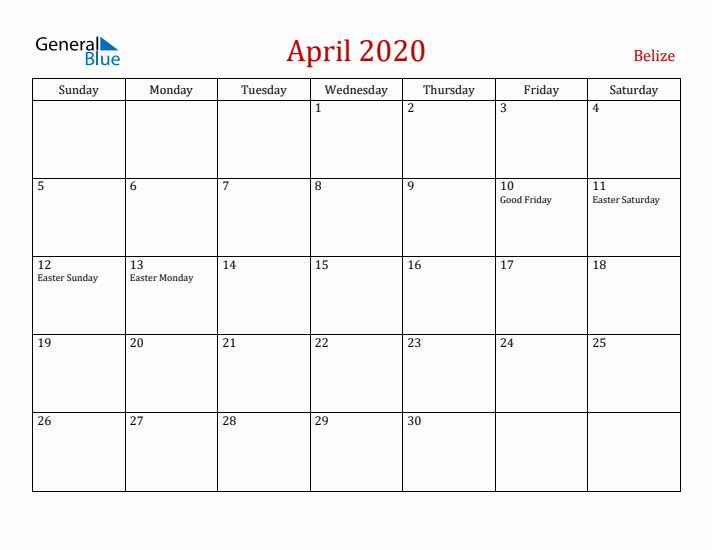 Belize April 2020 Calendar - Sunday Start