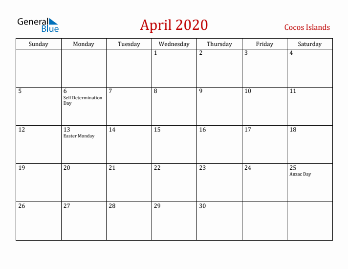 Cocos Islands April 2020 Calendar - Sunday Start