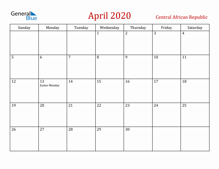 Central African Republic April 2020 Calendar - Sunday Start