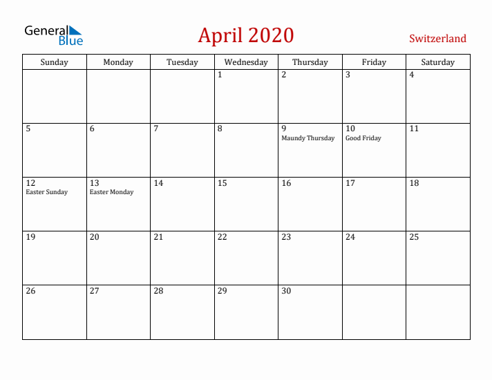 Switzerland April 2020 Calendar - Sunday Start