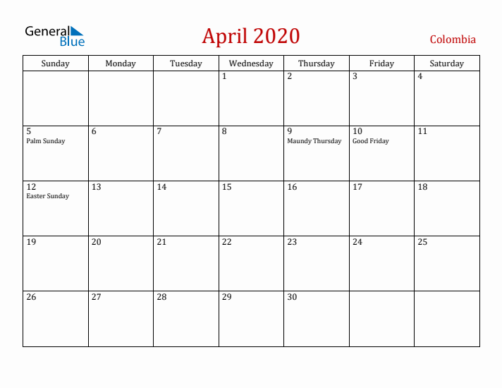 Colombia April 2020 Calendar - Sunday Start