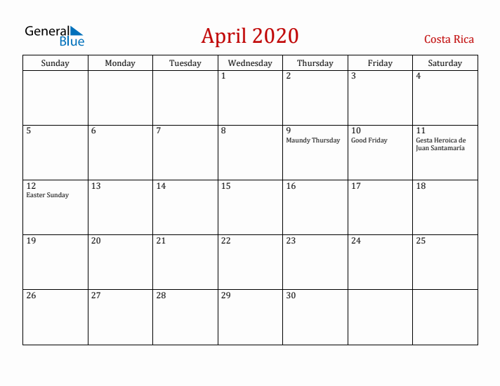 Costa Rica April 2020 Calendar - Sunday Start