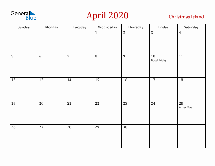 Christmas Island April 2020 Calendar - Sunday Start