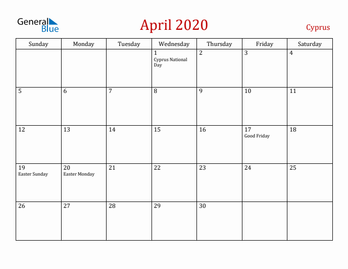 Cyprus April 2020 Calendar - Sunday Start