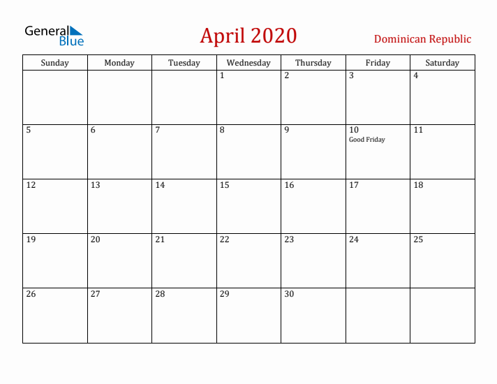 Dominican Republic April 2020 Calendar - Sunday Start