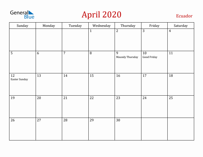 Ecuador April 2020 Calendar - Sunday Start