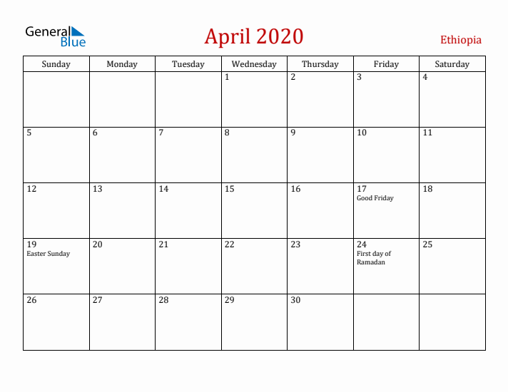 Ethiopia April 2020 Calendar - Sunday Start