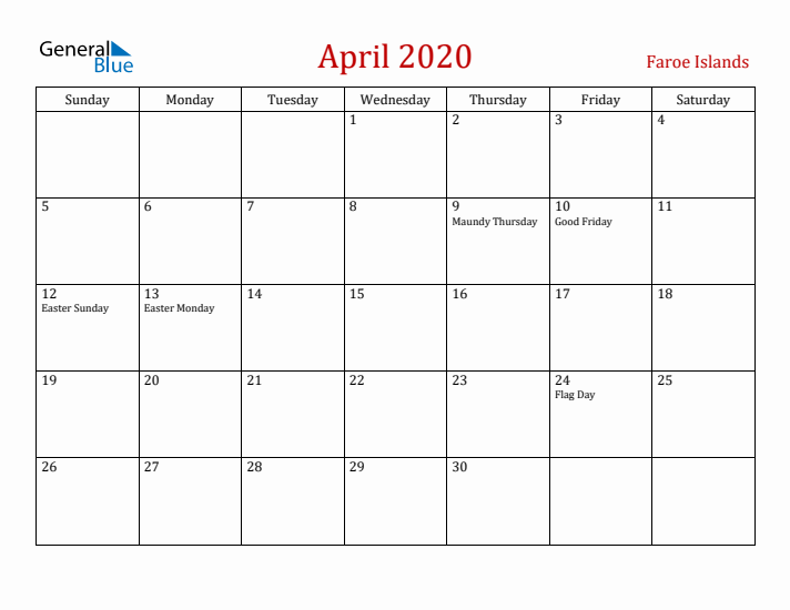 Faroe Islands April 2020 Calendar - Sunday Start