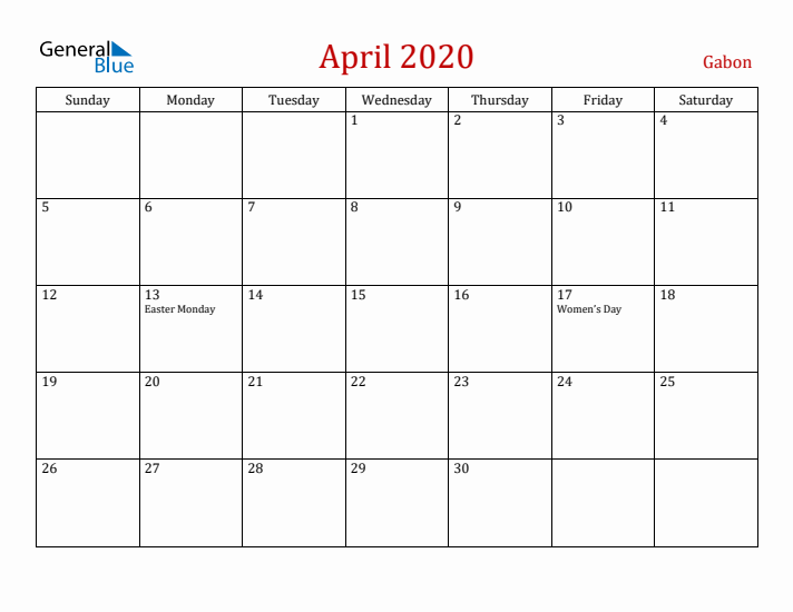 Gabon April 2020 Calendar - Sunday Start