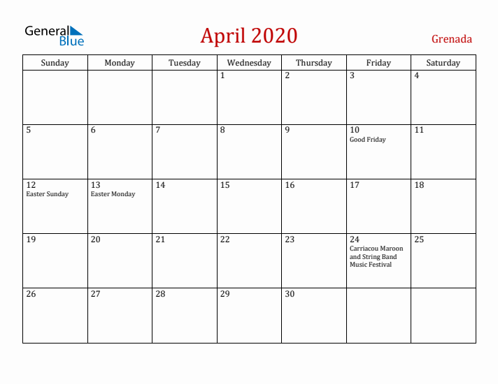 Grenada April 2020 Calendar - Sunday Start