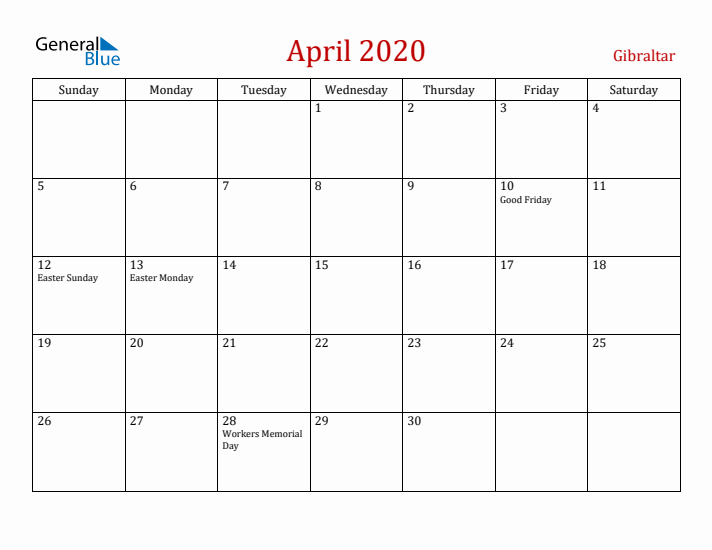 Gibraltar April 2020 Calendar - Sunday Start