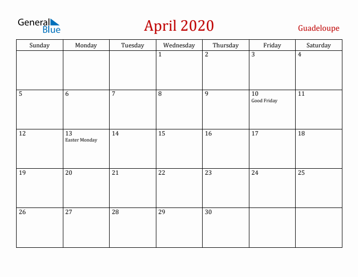 Guadeloupe April 2020 Calendar - Sunday Start