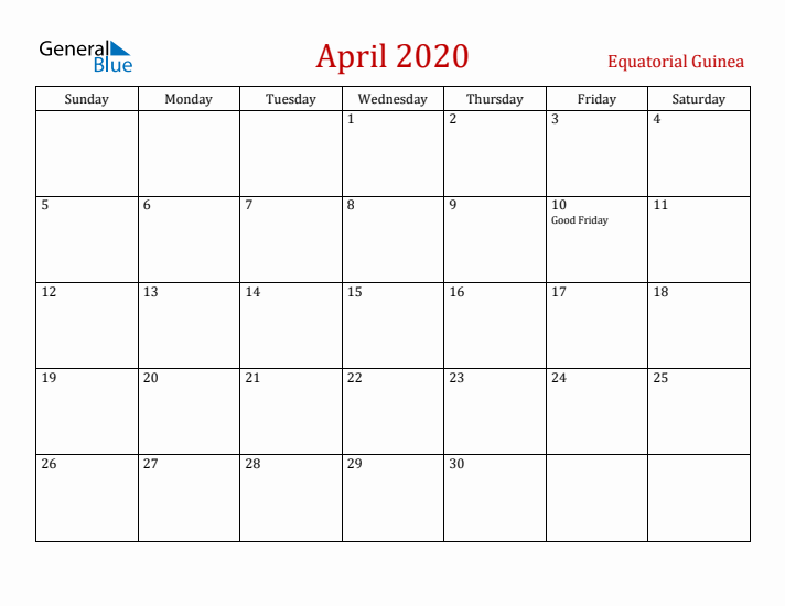 Equatorial Guinea April 2020 Calendar - Sunday Start