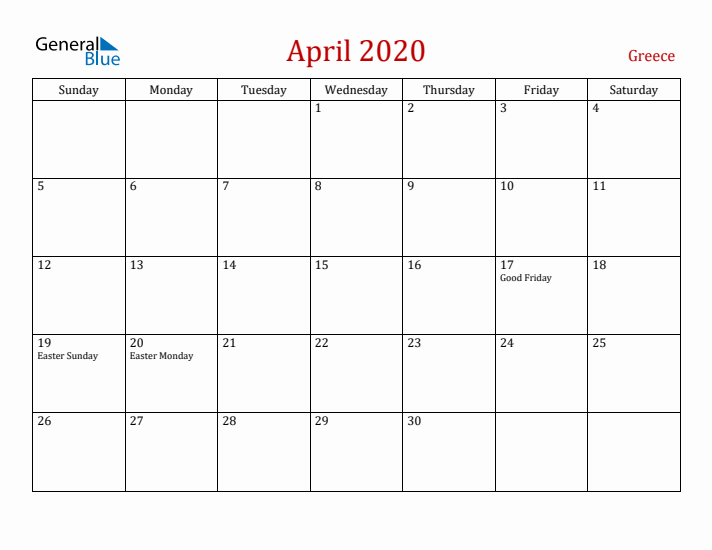 Greece April 2020 Calendar - Sunday Start