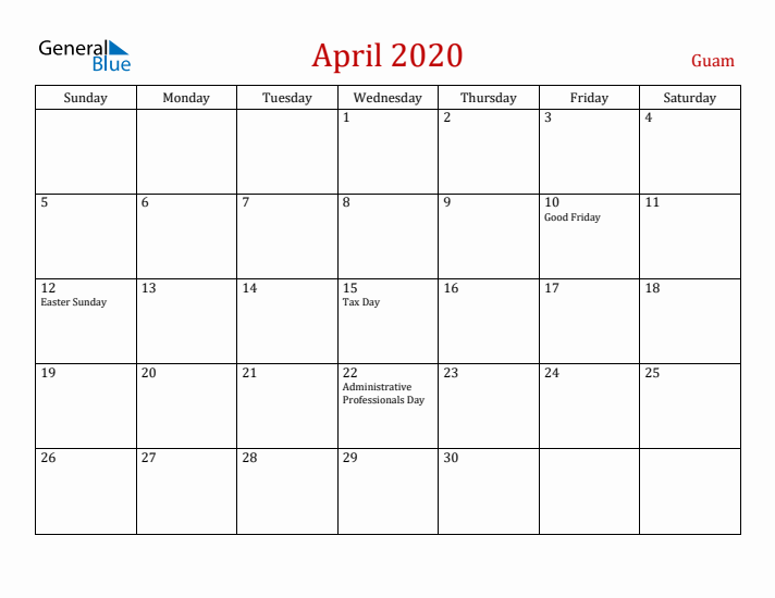 Guam April 2020 Calendar - Sunday Start