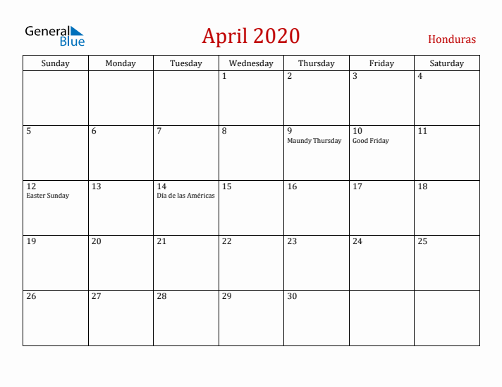 Honduras April 2020 Calendar - Sunday Start