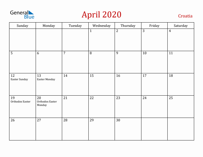Croatia April 2020 Calendar - Sunday Start