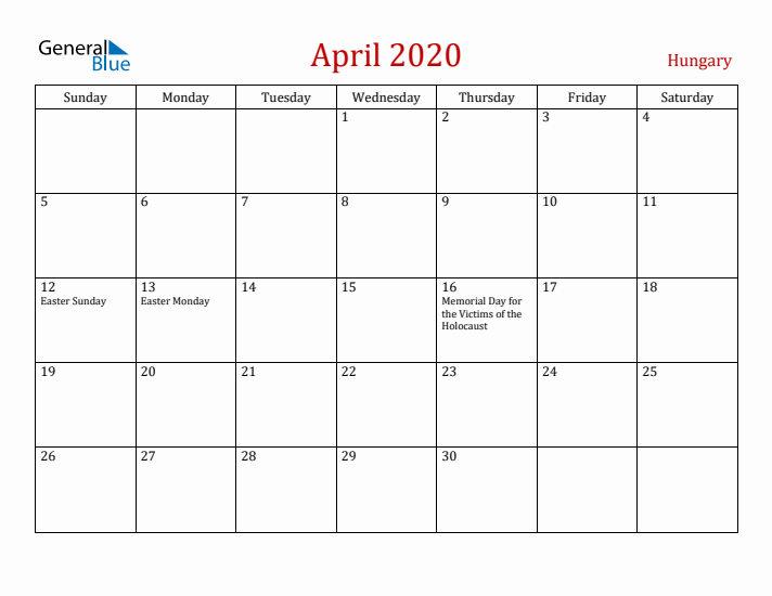 Hungary April 2020 Calendar - Sunday Start