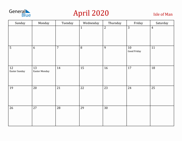 Isle of Man April 2020 Calendar - Sunday Start