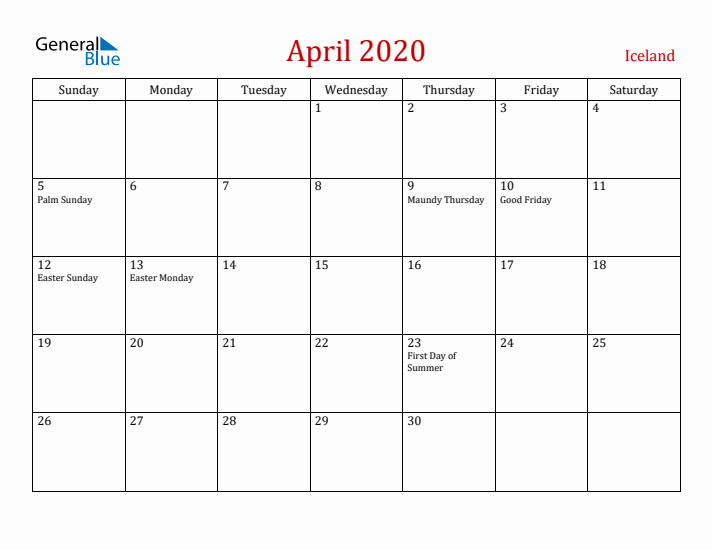 Iceland April 2020 Calendar - Sunday Start