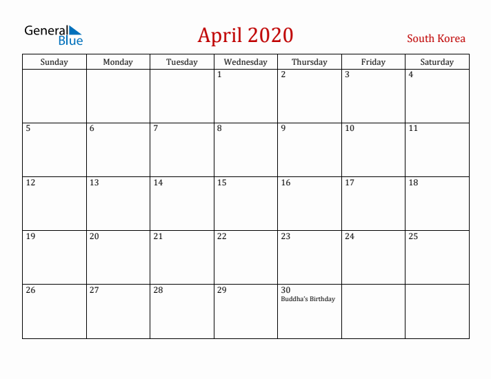 South Korea April 2020 Calendar - Sunday Start