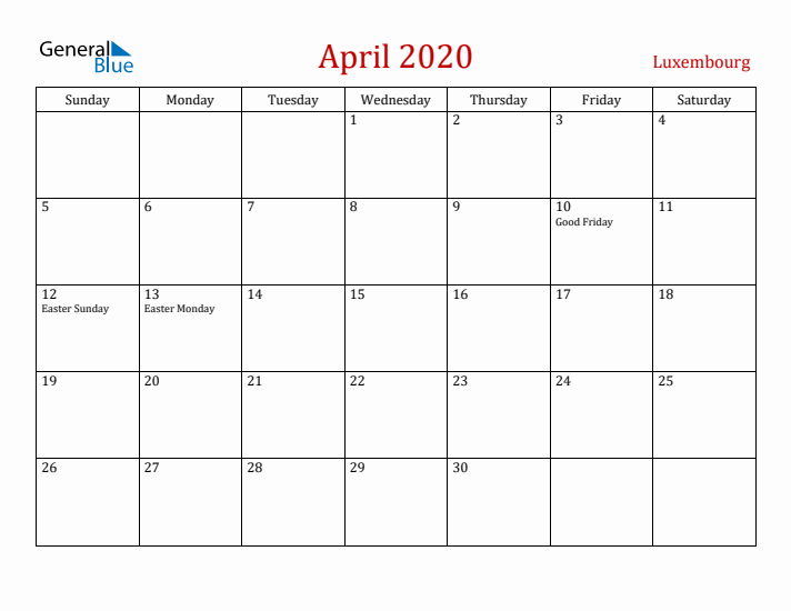 Luxembourg April 2020 Calendar - Sunday Start