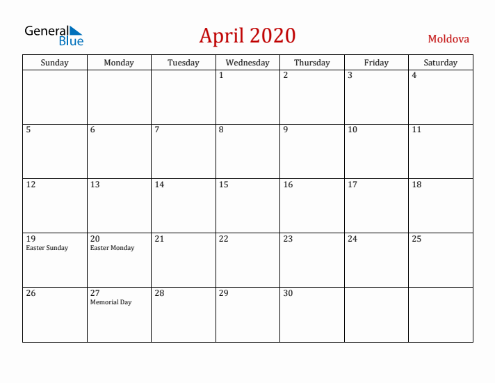 Moldova April 2020 Calendar - Sunday Start
