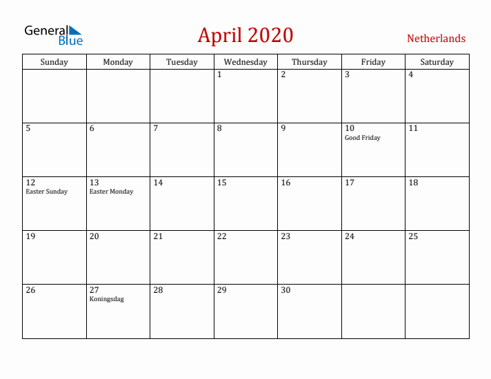 The Netherlands April 2020 Calendar - Sunday Start