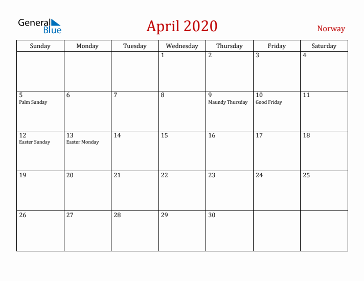 Norway April 2020 Calendar - Sunday Start