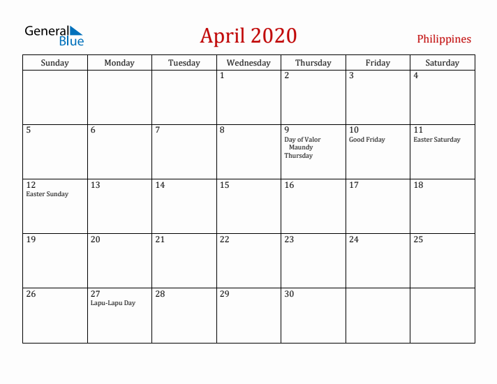 Philippines April 2020 Calendar - Sunday Start