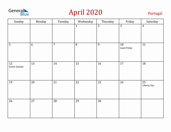 Portugal April 2020 Calendar - Sunday Start
