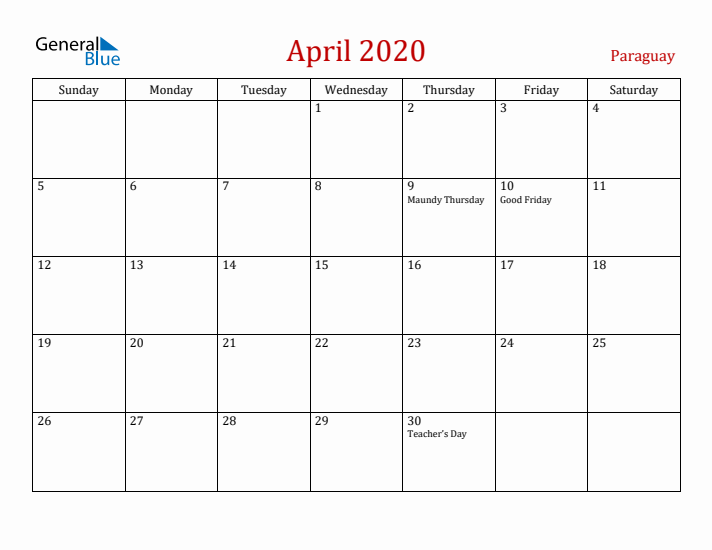 Paraguay April 2020 Calendar - Sunday Start