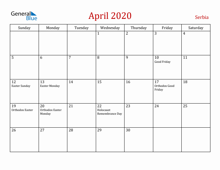 Serbia April 2020 Calendar - Sunday Start
